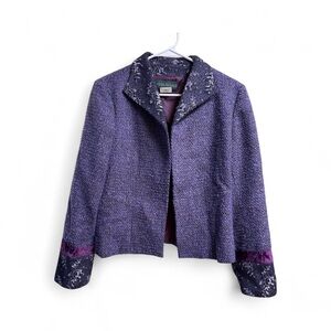 Harvé Benard Purple Tweed Open Blazer Wool Blend Lace Velvet Trim Size 12